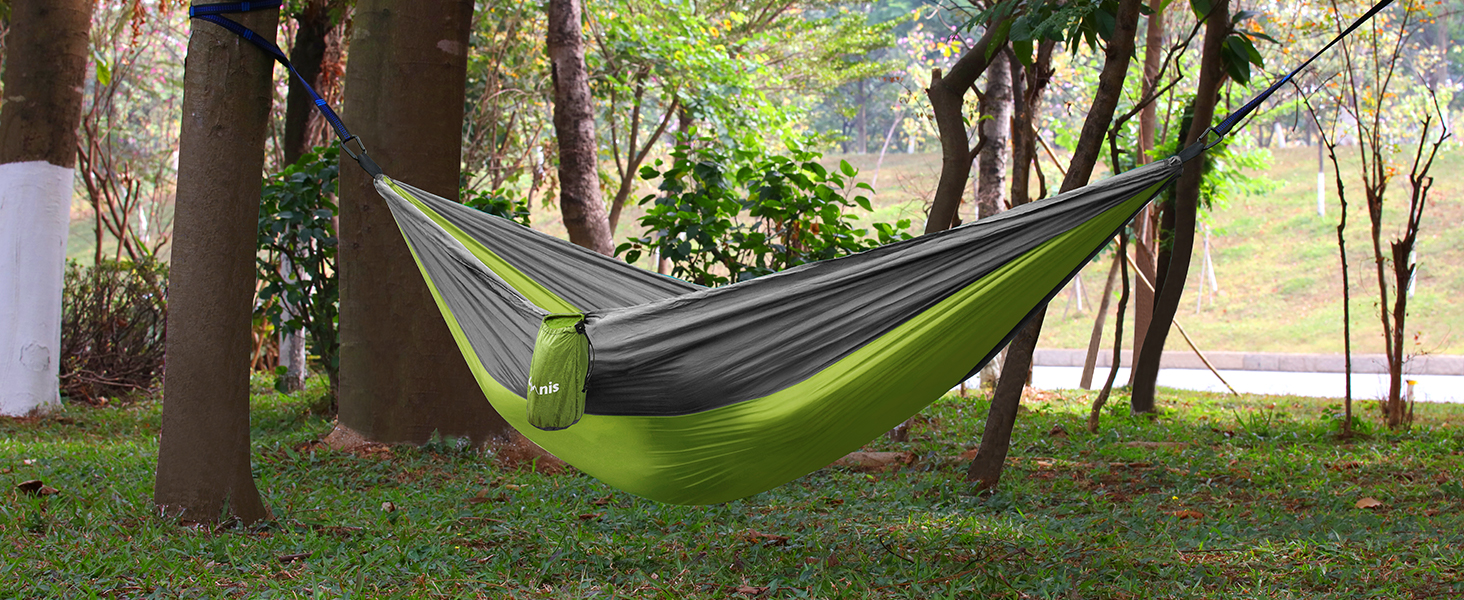 Гамак туристичний Glymnis Ultraleicht Outdoor 300x200 см, зелено-сірий, з мотузками та карабінами, вантажопідйомність 300 кг