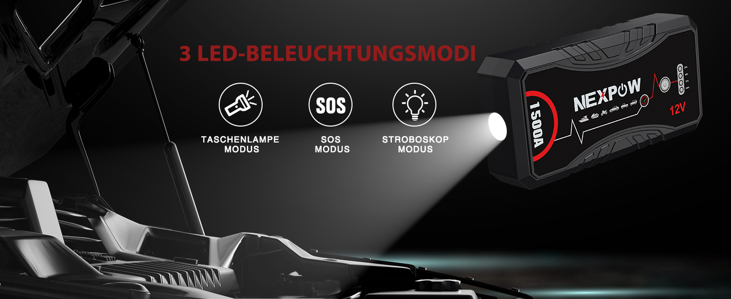 Powerbank для авто NEXPOW Starthilfe 1500A: стрибковий стартер з LED ліхтариком та USB, 12V для бензинових (7.0L) та дизельних (5.5L) двигунів