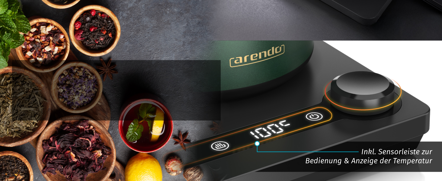 Електричний чайник Arendo з регулюванням температури 40-100°C, 0.6 л, з цифровою основою, з індикатором температури, BPA Free, функція підтримки тепла, чорно-зелений