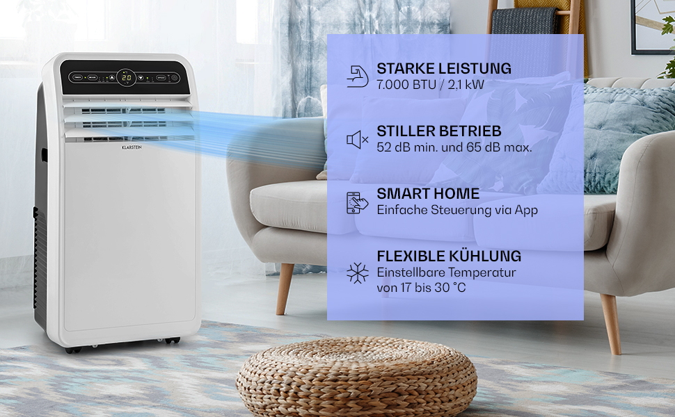 Мобільний кондиціонер Klarstein з випускним шлангом, 4-в-1: кондиціонер, вентилятор, осушувач повітря та нічний режим. Компактний та портативний для дому та офісу. Низьке енергоспоживання, 7000 BTU, білий
