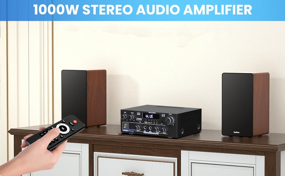 AK55 HiFi стерео підсилювач 2-канальний, 1000 Вт Bluetooth 5.3, 50+50 Вт, для 8-дюймових домашніх колонок, бас/требл, AUX, FM, мікрофон, USB