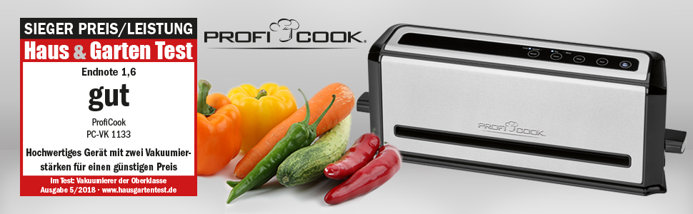 ProfiCook® Вакуумний пакувальник PC-VK 1080 | Sous Vide та вакуумне приготування | 10 пакетів, нержавіюча сталь, чорний