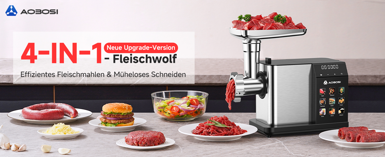 М'ясорубка електрична AAOBOSI 3000W з LED-дисплеєм, 3 швидкості, анти-затор, контейнер для зберігання, для ковбас та кібе, срібляста
