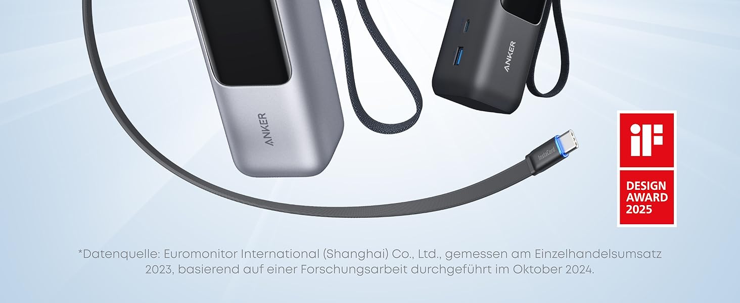 Powerbank Anker 25000mAh 165W з USB-C, 3 порти USB-C (100W), вбудований кабель, для iPhone, MacBook, Samsung та інших пристроїв (Чорний)