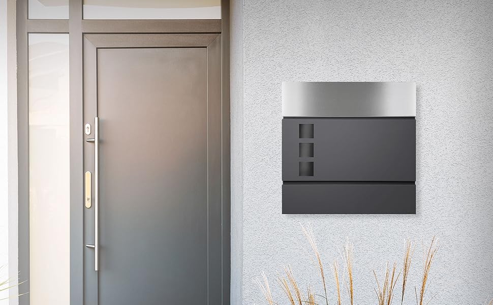 Поштова скринька настінна ECD Germany з газетницею, антрацит/срібло, 37x10.5x36.5 см, нержавіюча сталь, вікно огляду, 2 ключі, кріплення. Сучасний дизайн.