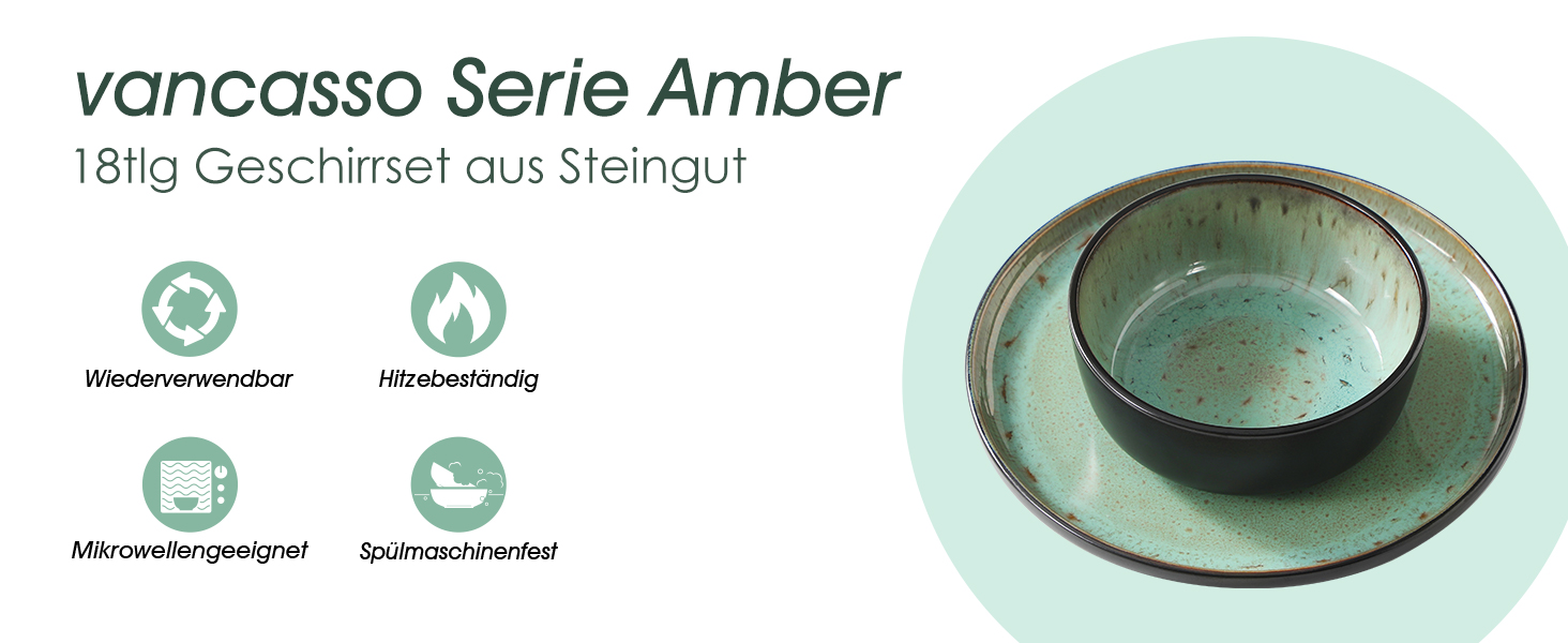 Набір посуду на 6 осіб vancasso AMBER, 18 предметів, ручної роботи, з реактивною глазур'ю, смарагдово-зелений