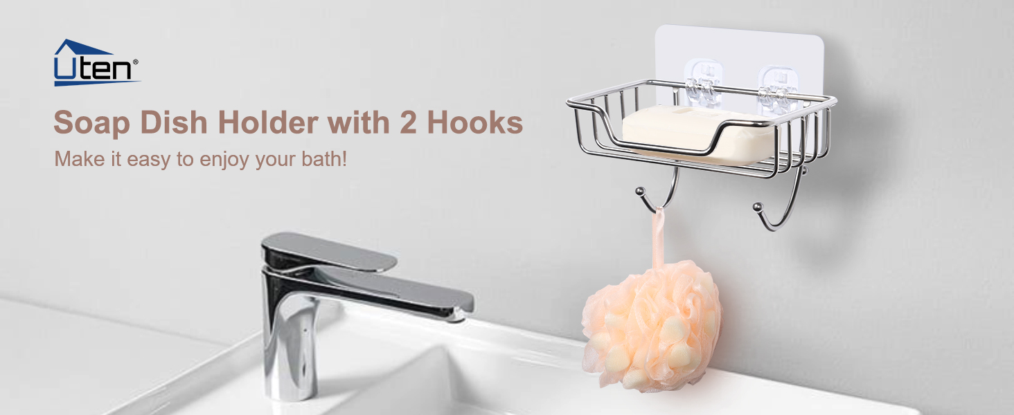 Тримач для мила без свердління Uten, нержавіюча сталь, самоклеючий, з 2 гачками, для мила та губки, для душу, ванної кімнати, кухні, сріблястий
