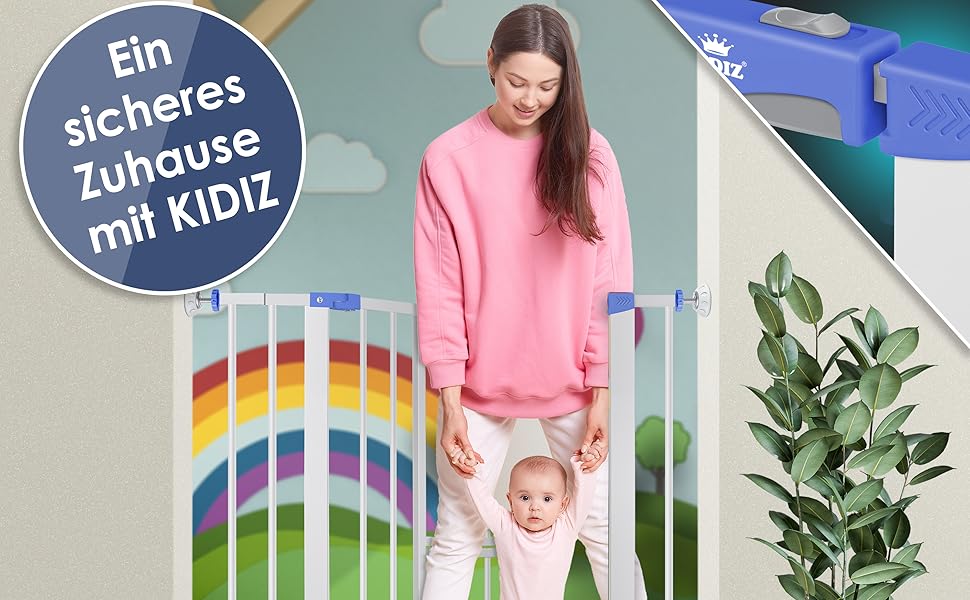 Захисне ворота KIDIZ для дітей з люком для котів, без свердління | Захист від падіння, поворотне, біле | Ширина: 102-115 см, блакитне