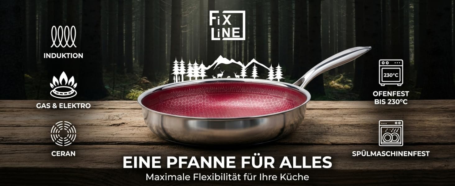 Сковорода FIXLINE BLACK FOREST 28 см RED Edition – антипригарна, без PTFE, для всіх плит (індукція), духовки до 230°C