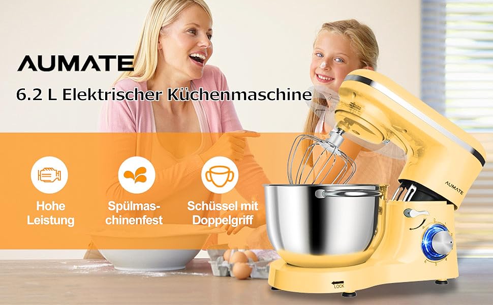 Кухонна машина AUMATE 1400 Вт, планетарний міксер з чашею 6,2 л, тістоміс з набором насадок (гак, вінчик, міксер), 6 швидкостей, лимонний колір