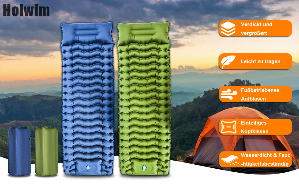 Надувна туристична матрац Holwim Isomatte з самонадуваванням, самостійно надувається, з подушкою та насосом, ультралегка, компактна, для кемпінгу, блакитна