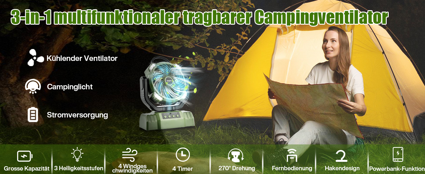 Портативний вентилятор для кемпінгу з акумулятором 10000mAh, LED-ліхтар, 270° обертання, USB-зарядка, для намету, риболовлі, офісу (зелений)