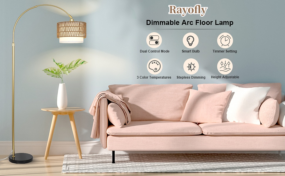 Rayofly Торшер для вітальні в стилі бохо, плетена ротангова абажурна лампа, вінтажний торшер з пультом та LED-лампою, керування через додаток, димування. Золотий колір - Стиль 2