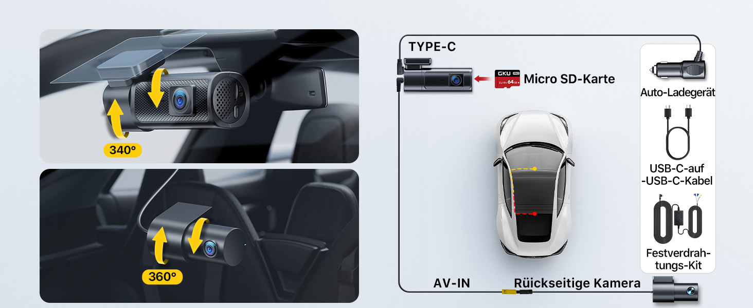 Відеореєстратор GKU 4K+2.5K з Wi-Fi 5GHz, GPS, Нічне Бачення STARVIS, IPS-дисплеєм 1.5', 24h парковка, 360° обертання, 64GB SD-карта, чорний