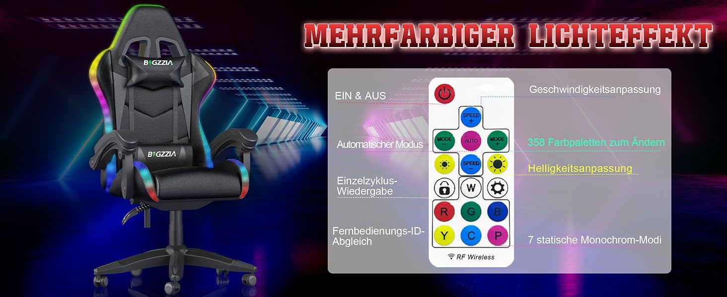 Ігровий стілець Racingreat RGB з підсвічуванням, підголівником та підтримкою попереку, регульований кут нахилу, для дітей та дорослих, чорний