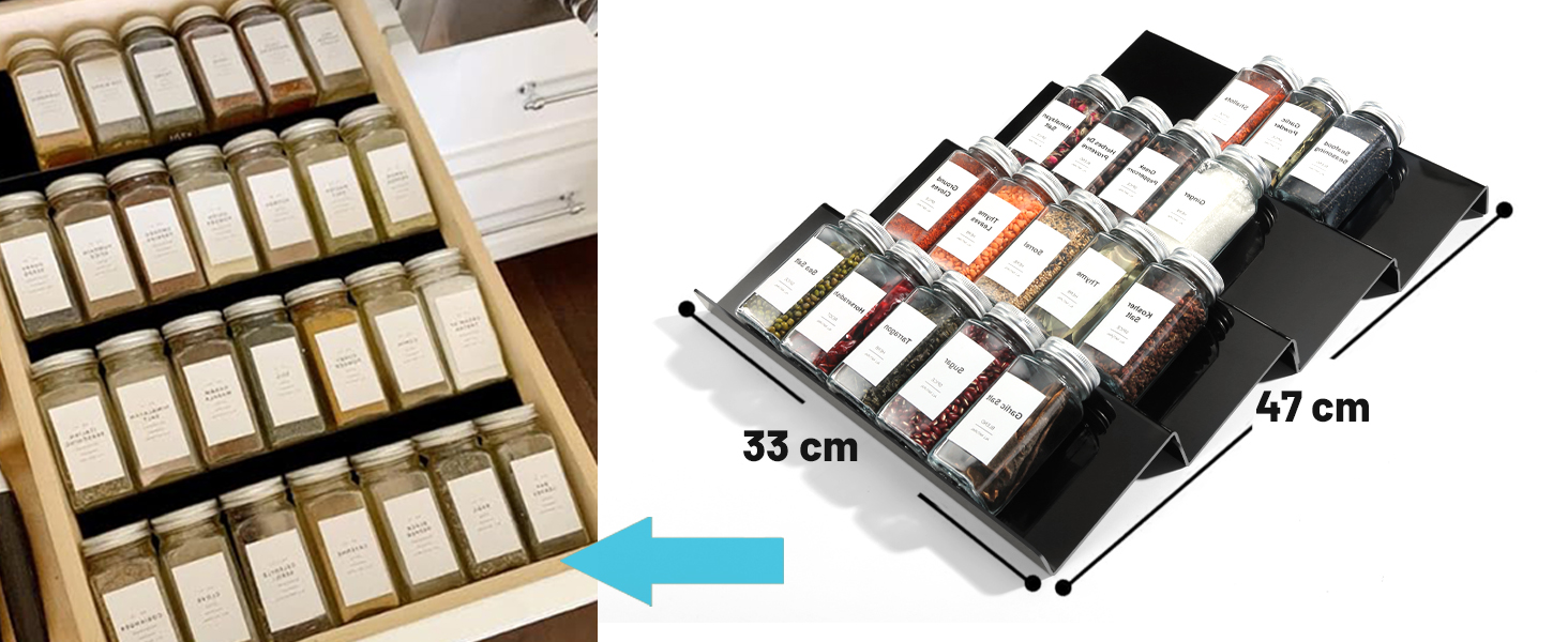 Black Spice Drawer Organizer with 28 Spice Jars, 348 Labels, Sifter and Pour Lids with Airtight Aluminum Caps, 4-Tier Clear Acrylic Drawer Tray Rack with Spice Containers