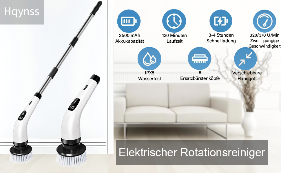 Електрична ротаційна щітка для прибирання: 8 насадок, регульована ручка, USB-C зарядка. Підходить для підлоги, плитки, ванної, кухні та душу