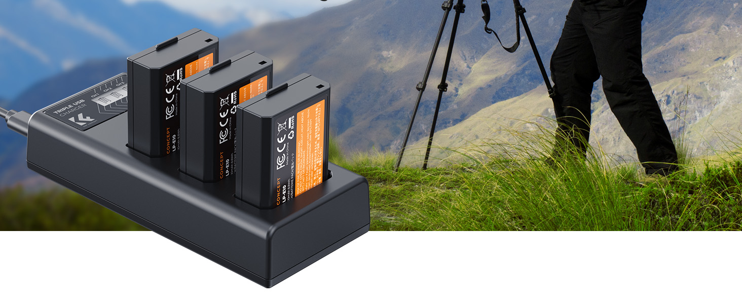 Набір акумуляторів K&F CONCEPT LP-E10 (3 шт.) з LCD-зарядним пристроєм для Canon EOS Rebel T7, T6, T5, T100, Kiss X50, X70, X80, X90, 1100D, 1200D, 1300D, 1500D, 2000D