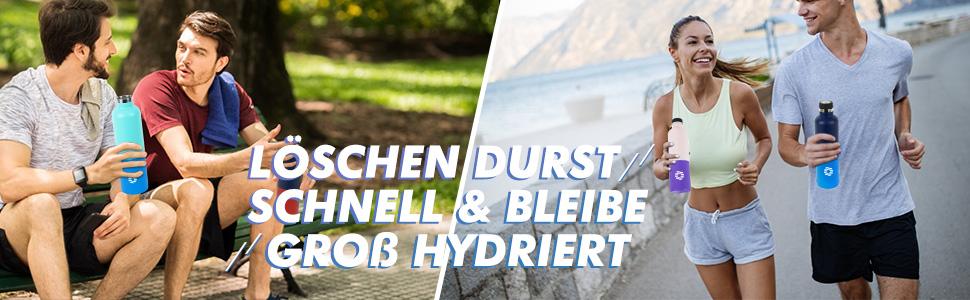 Фляга спортивна Feijian 1L з карабіном - термофляга з нержавіючої сталі, витримує напій з газом, без BPA, для спорту, відпочинку, школи, кемпінгу, велосипеду, армійський зелений (блакитний & червоний)