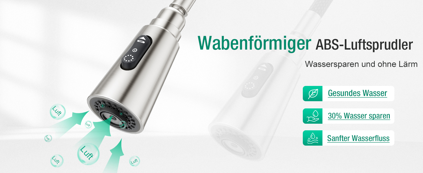 Кран кухонний CREA Wasserfall висувний з дозатором мила, нержавіюча сталь, 360° обертання, 4 режими, з душем