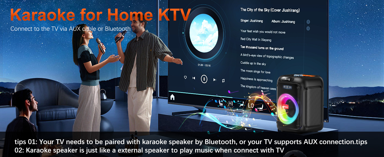 Караоке-машина з 2 мікрофонами Bluetooth для дітей та дорослих, чорна. Динамік з регулюванням басів/високих, USB, AUX, запис, LED-підсвітка, пульт.