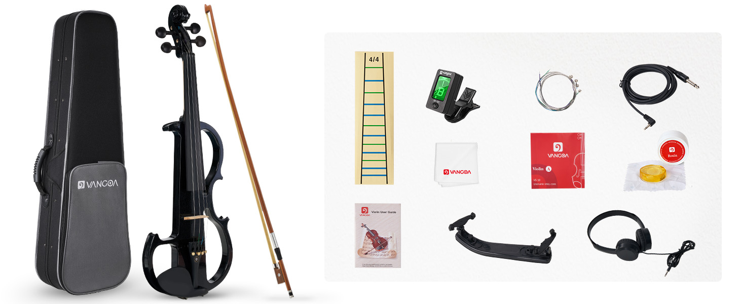 Електрична скрипка Vangoa 4/4 з цільного дерева, повного розміру, з усіма аксесуарами (колінь, чохол, кабель, підставка, смычок)