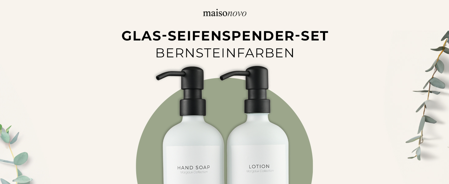 MaisoNovo Soap Dispenser Set - Soap Dispenser Kitchen - 500 ml Amber Bottles, Black Pumps, Glass Pumps Dispenser, Soap Dispenser Set, 2-Piece Set and Concrete Tray - Dish Soap Dispenser Kitchen (White Glass / Black Pump + Rectangular Tray)
