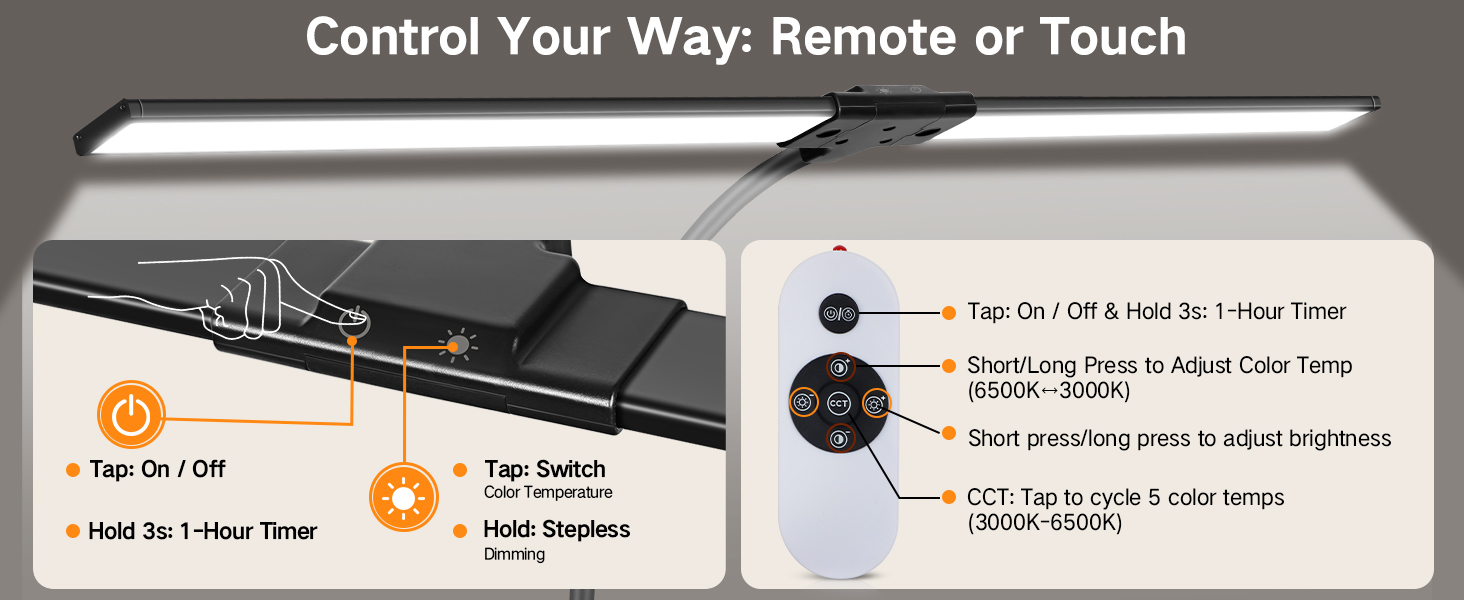 OUTON LED лампа настільна з двома головками, 85.5 см, USB-A & C, регульована яскравість 1600LM, 5 температур кольору, таймер, кріплення, для офісу та дому, чорний