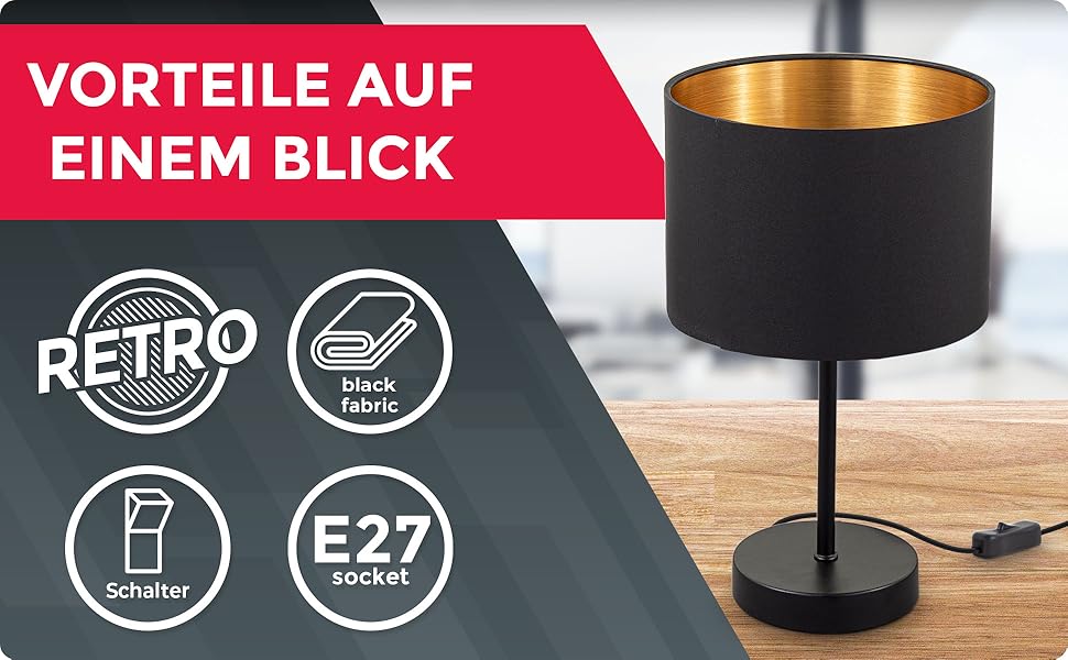 Торшер B.K.Licht: вінтажна настільна лампа з абажуром з тканини, чорно-золота, 33x20 см | Настільна лампа для читання та роботи