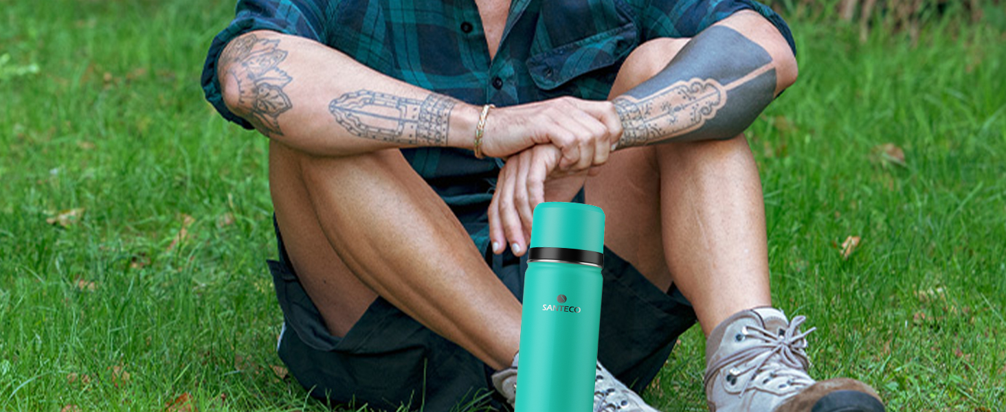 Термос-термокана Santeco з нержавіючої сталі, 1л, 500мл, з антивитіканням, ізольована пляшка з кришкою-чашкою для подорожей, термос для кави та чаю для дітей, спорту, без BPA, 24 години холод & 12 годин гарячий (зелений джунглів, 1000 мл)