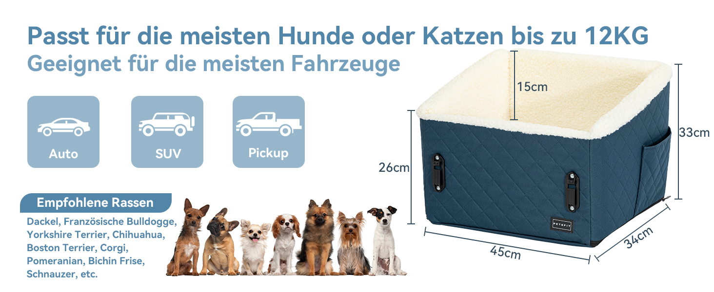 Автомобільний лежак для собак PETFIT, блакитний, до 12 кг, з підняттям 12.5 см, знятний чохол