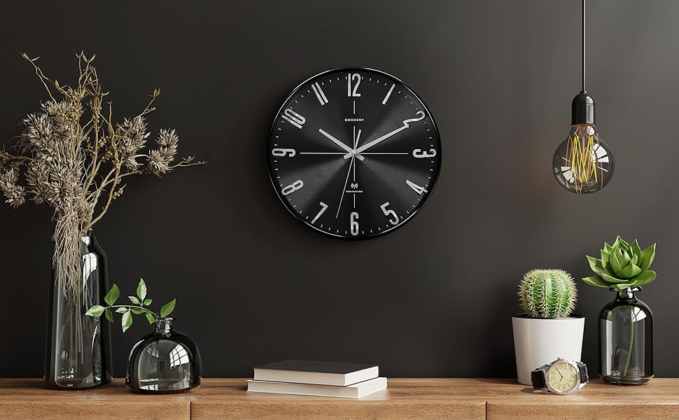 GOODERY Wall Clock Ø 30 cm Silent 3D | Large, Modern, Analog Wall Clock without Loud Tick Sounds, Virtually Silent | Decoration for Every Wall | Clock, Radio Controlled | Radio Controlled Clock (Black/Silver)