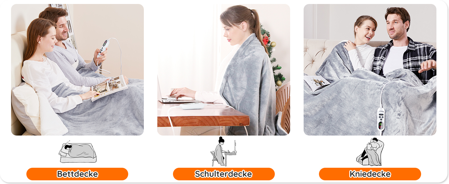 Електрична ковдра Mia&Coco з автовимкненням 180x130 см, 10 рівнів нагріву, таймер 9 годин, захист від перегріву, машинне прання, фланель, для ліжка, дивану та вітальні, сіра 130x180 см