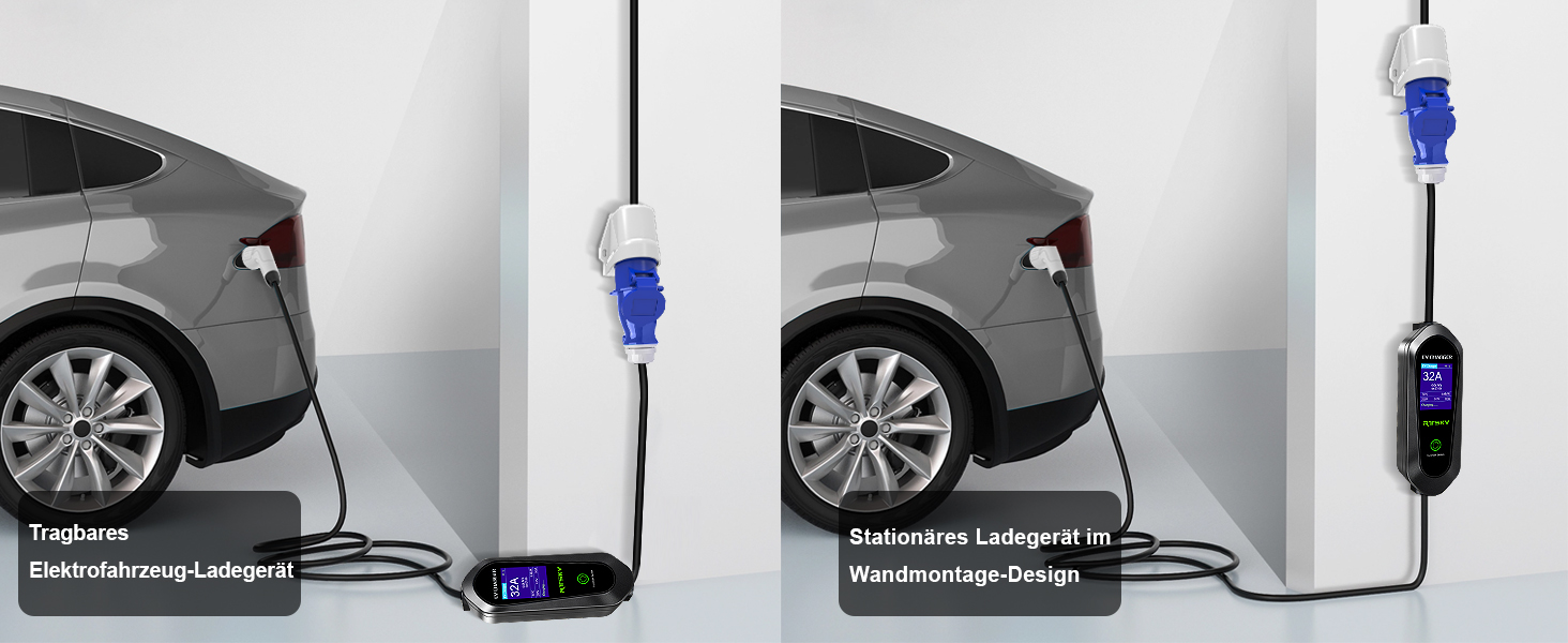 Мобільна зарядка для електромобіля 7kW CEE 32A, кабель Type 2, 5м, 1-фазна, 8-32A, з цифровим дисплеєм