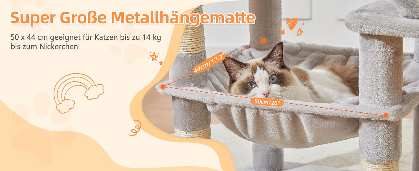 Кігтеточка для котів Taoqimiao MS026W 146 см - велика, стабільна, з 2 будиночками, гамаком, корзиною та 8 кігтеточками (світло-сірий)