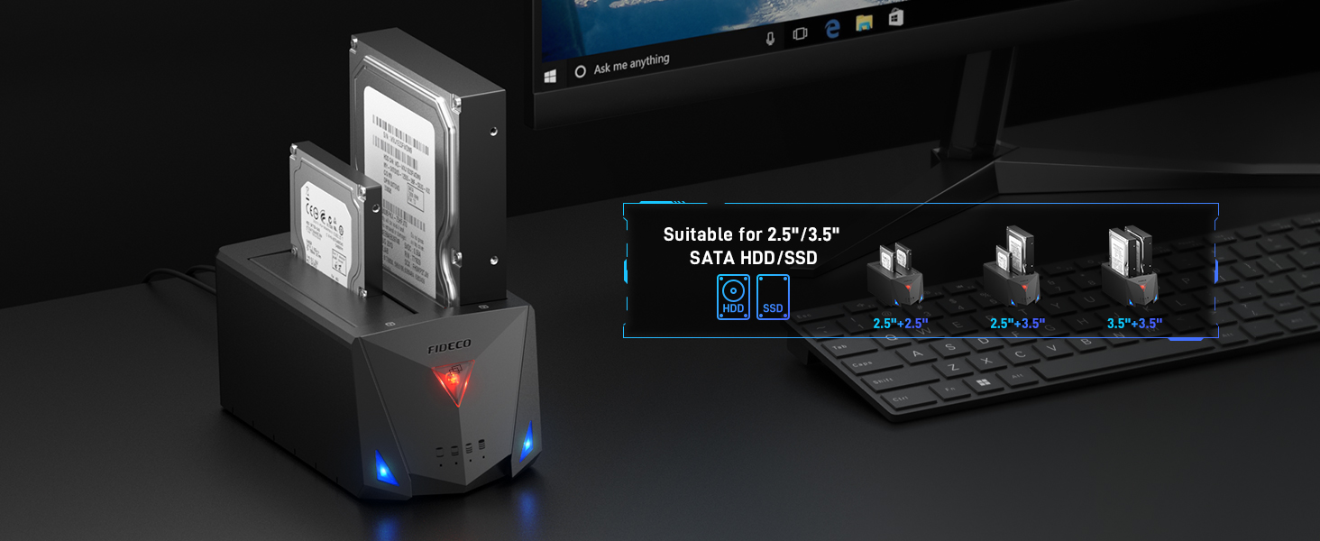 Док-станція для жорстких дисків FIDECO з USB 3.2 Gen1, 2 відсіки SATA HDD/SSD, підтримка UASP та офлайн-клонування, Type-C