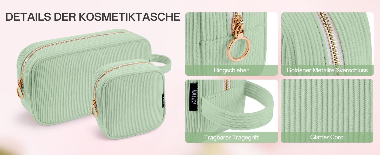 Косметичка жіноча KALIDI з корду, зелена, з відділеннями, на блискавці, для подорожей