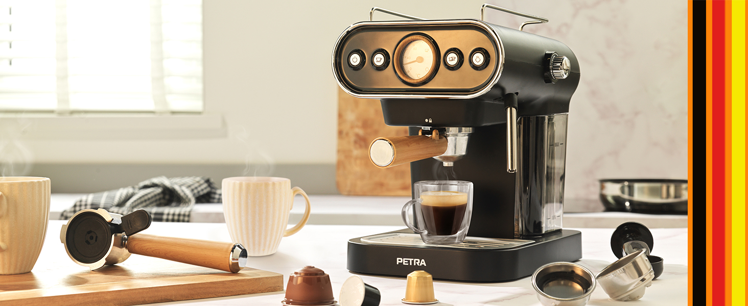 Petra Coffee Machine Barista Pro 1.5L, Semi-Automatic Espresso Machine with Milk Frother, Small Coffee Machine for Espresso & Cappuccino, Coffee Maker 15 Bar, 850W (3-in-1 Barista Coffee Machine)
