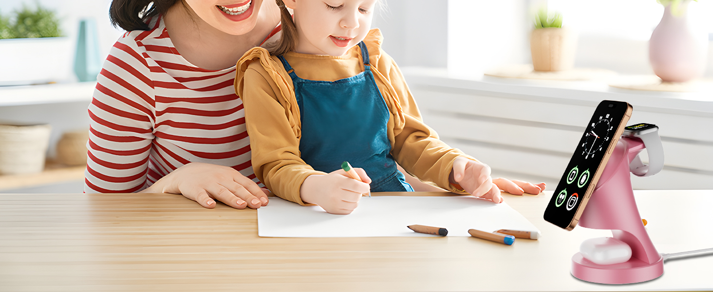 3-в-1 Мережевий Зарядний Пристрій MagSafe, Бездротова Зарядка для iPhone 17/16/15/14/13/12/Plus/Pro Max/Mini, Apple Watch 9/8/7/6/SE/5/4/3/2, AirPods Pro/2/3 (Рожевий)