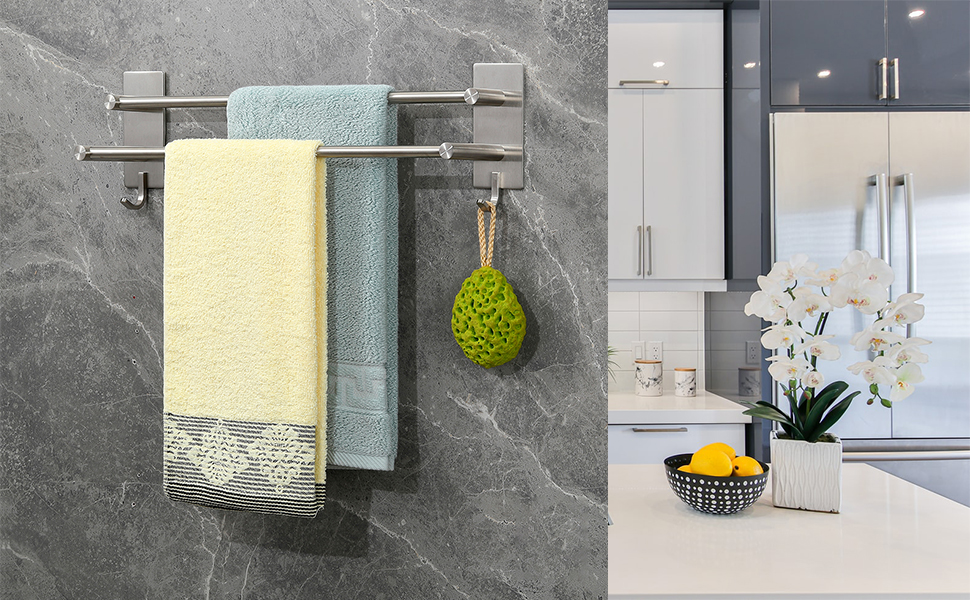 Тримач для рушників на стіну без свердління, нержавіюча сталь SUS304, 3 стійки, 2 гачки, багатофункціональний, для ванної кімнати та кухні (сріблястий, 43.5 см)