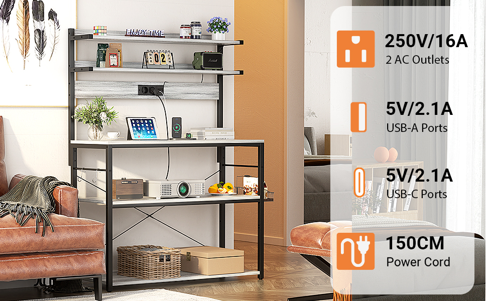 Кухонна полиця-стійка з розеткою, підставка для мікрохвильовки, 5-рівнева кавобар з LED-підсвічуванням, полиця для спецій, каструль та сковорідки (80см, Білий дуб)