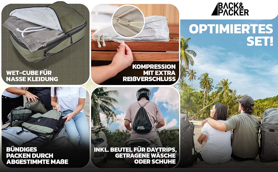 Набір органайзерів для валізи BACK&PACKER, 6 шт, з компресією, з переробленого матеріалу, оливковий, пакувальні куби та мішок для мокрого одягу