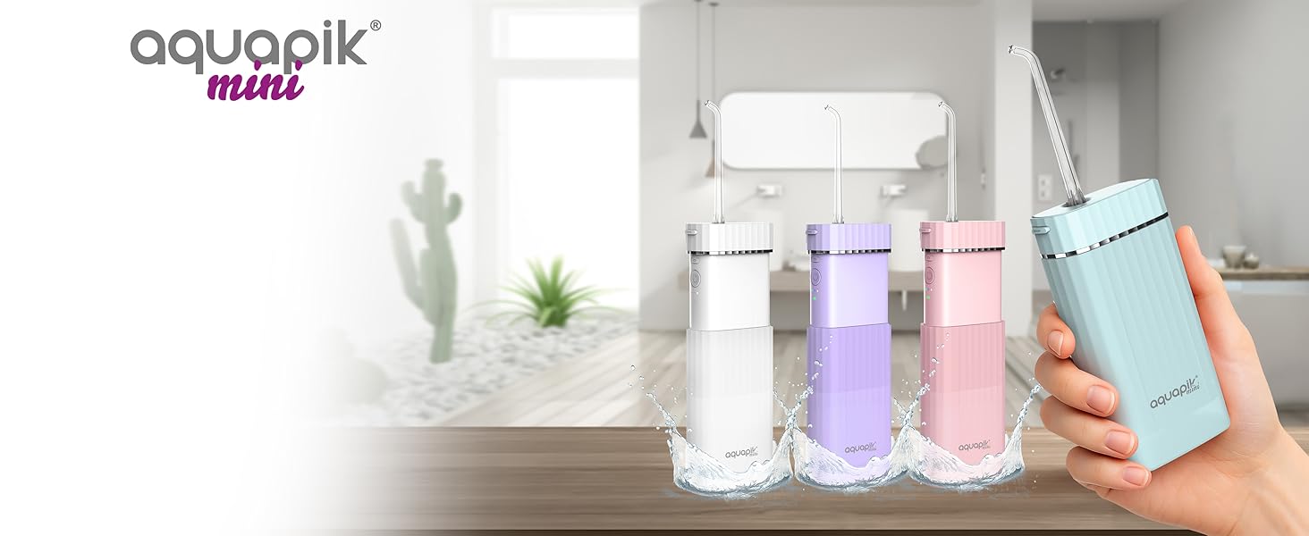 Портативна бездротова іригатор Aquapik® Mini | Іригатор для імплантів та брекетів | Бездротовий, водонепроникний IPX7, 1200 імпульсів/хв, 21 день роботи від акумулятора, 4 насадки (білий)