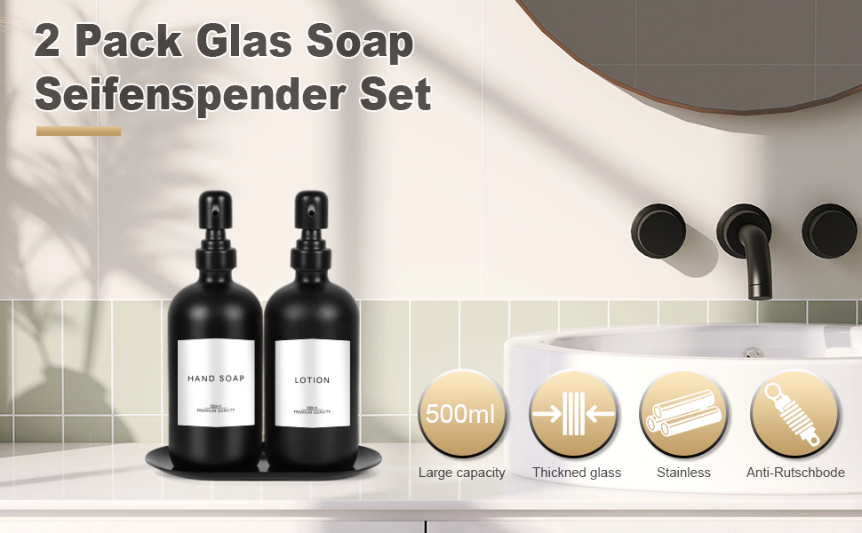 Набір дозаторів для мила Lannvan, скло, 500 мл, чорний матовий, для ванної кімнати та кухні, з підносом та етикетками