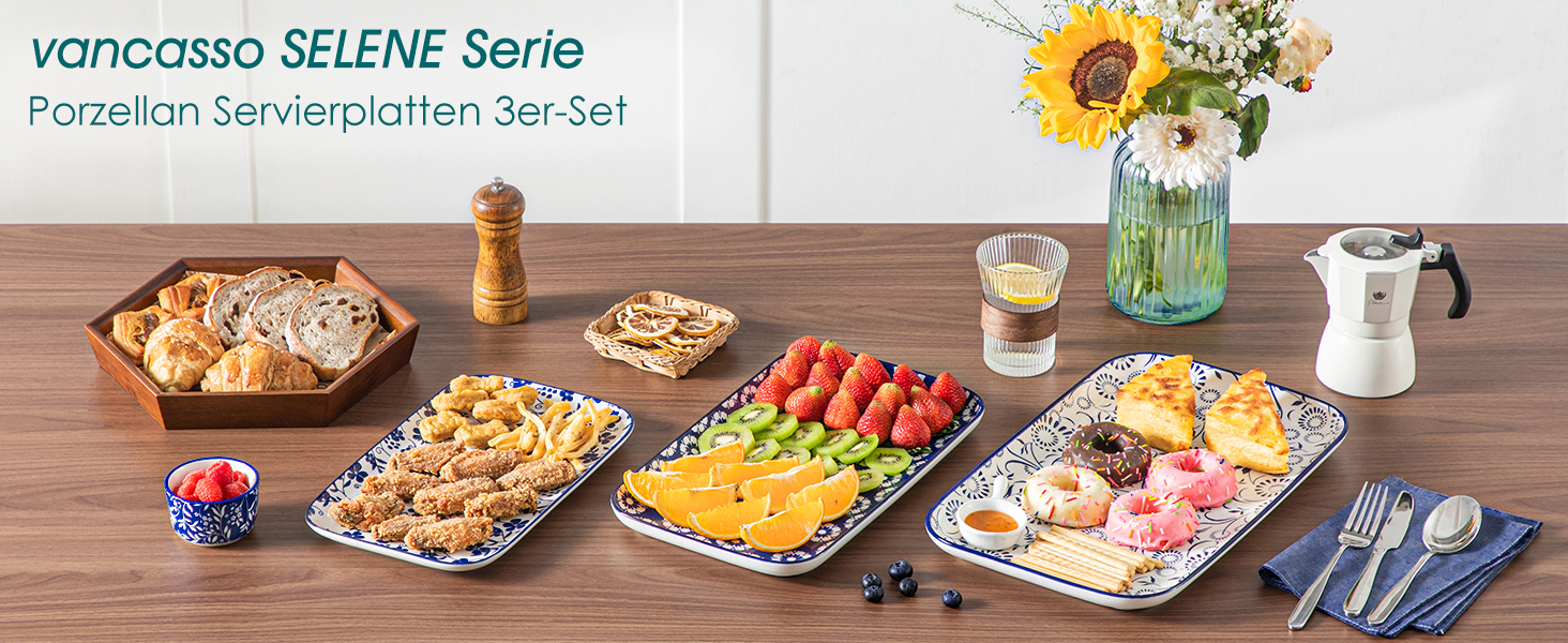Набір сервірувальних тарілок Vancasso SELENE, 3 шт., блакитно-білий, для свят, сніданків, фуршетів