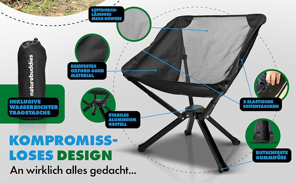 Крісло для кемпінгу Nature Buddies® Faltbar: Легке, компактне, складне (до 150 кг) | Стілець для риболовлі, відпочинку на природі, фестивалів