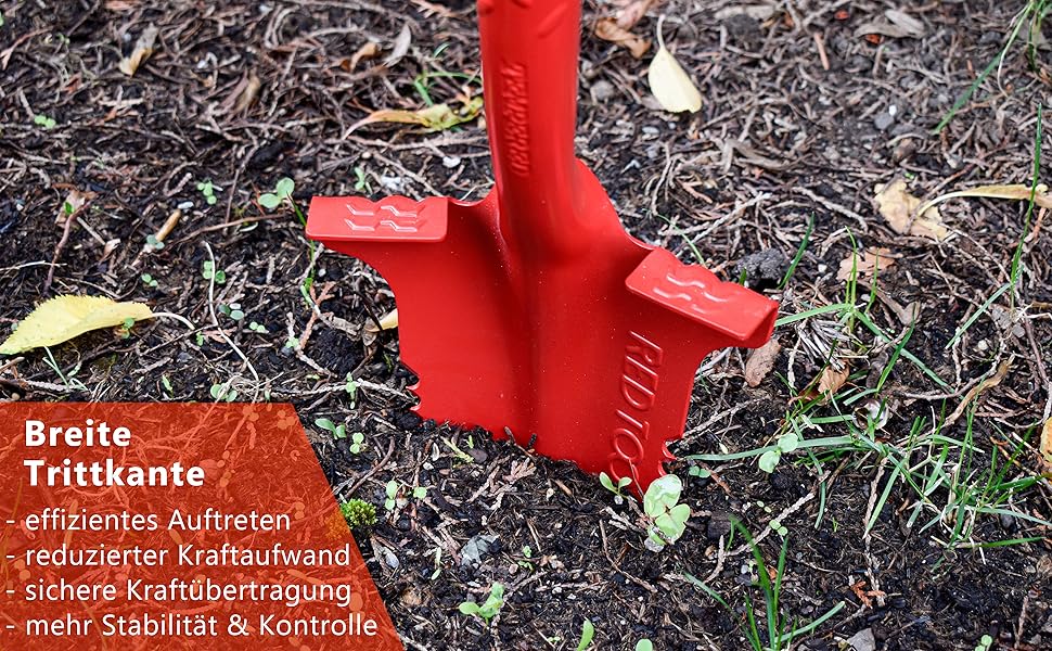 Садова лопата Red Tools Power Head з кореневою пилкою, 115 см, міцне лезо для кам'янистих і твердих ґрунтів, із підпорою для ноги та м'якою ручкою (сіра)