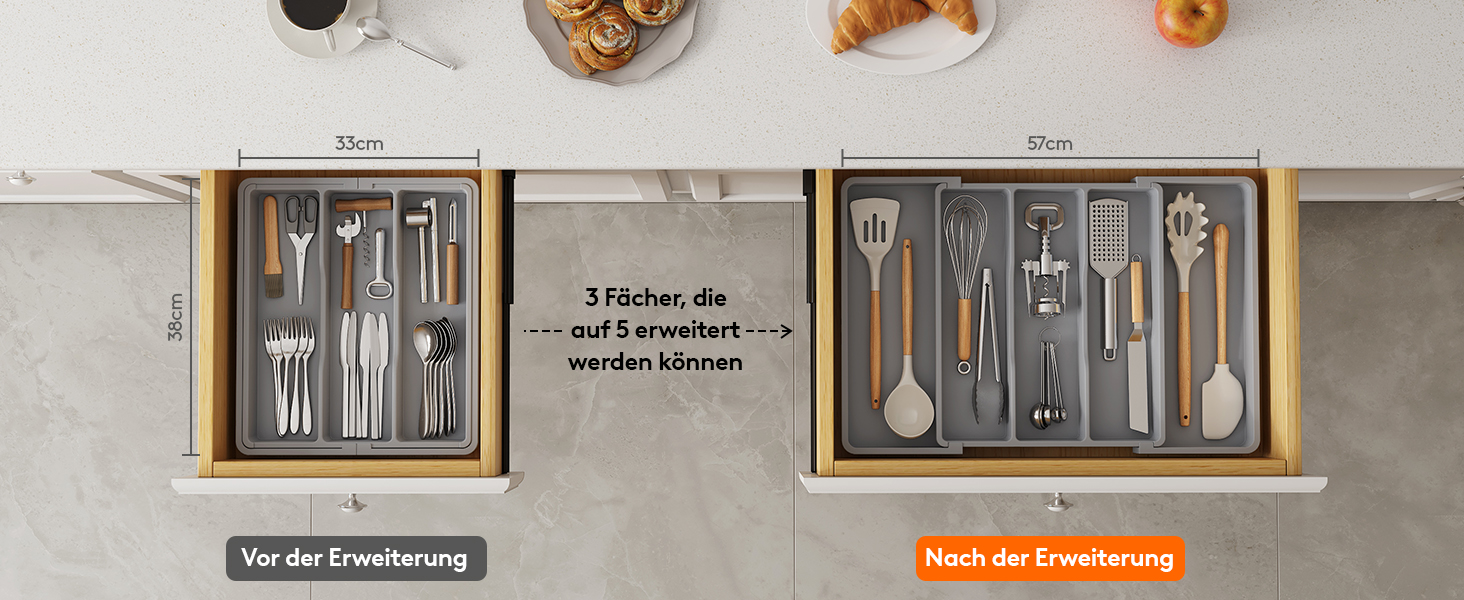 Органайзер для столових приборів Lifewit в шухляду, розширюваний 33-57 см, сірий - пластиковий тримач для ножів, виделок, кухонний органайзер 38 см