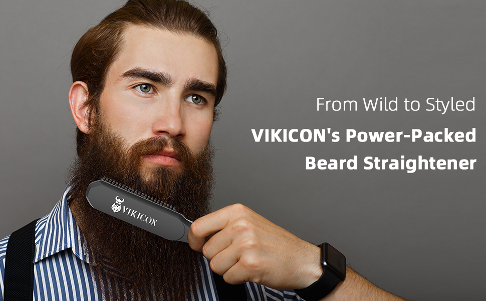 VIKICON Men's Beard Straightener Brush - Mini Pro Hair Straightener with Negative Ions, 3-Temp Settings, Portable & Fast for Beard & Hair Styling - Black