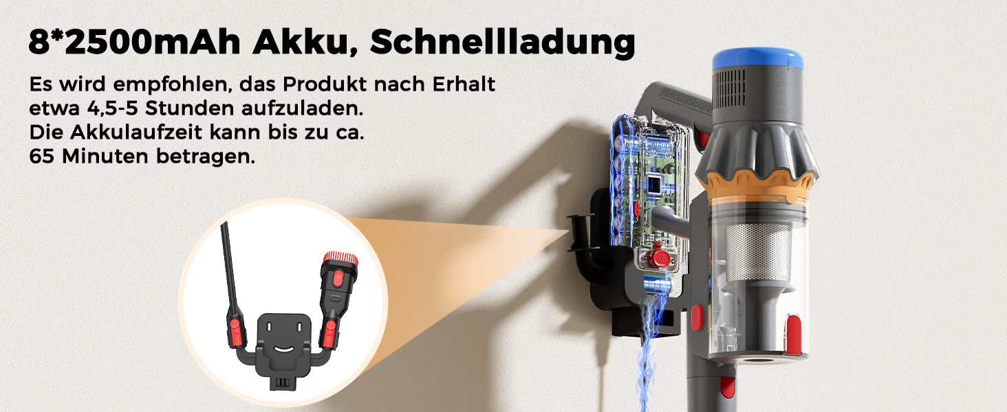 Бездротовий акумуляторний пилосос з дисплеєм та LED-підсвіткою, 58000Pa, Anti-Tangle-щітка, самостійна парковка, зарядка від стіни (блакитний)